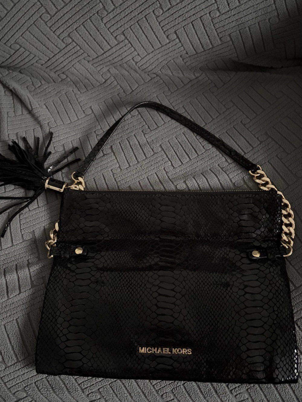 Michael Kors Black Patent Snake-Embossed Shoulder Bag with Gold Hardware - Picture 2 of 9